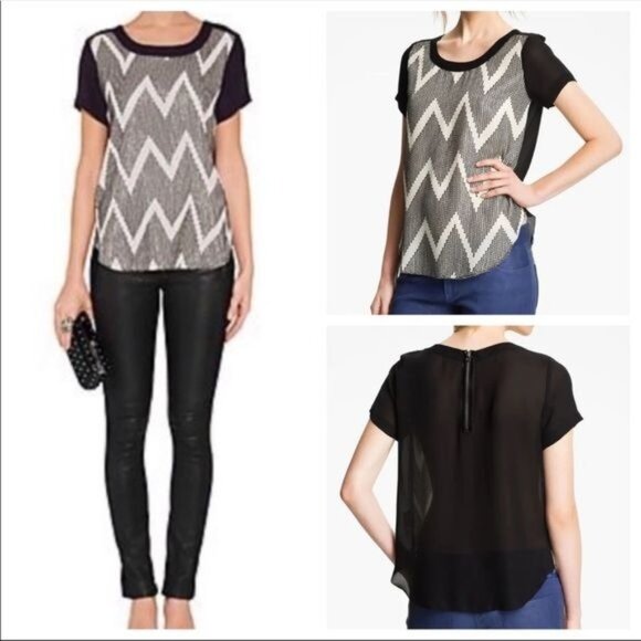 L'AGENCE Tops - L'AGENCE 100% Silk Sequin Chevron Zig Zag short sleeve Blouse size 4